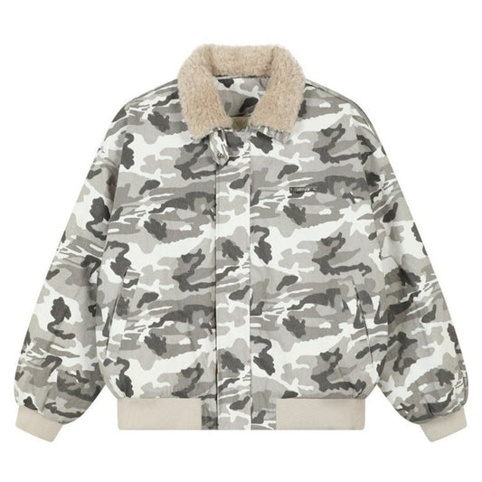 Camouflage Faux Shearling Collar Jacket - Thrashink