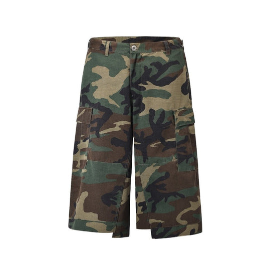 Camouflage Frayed Cropped Cargo Shorts - Thrashink