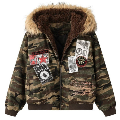 Camouflage Fur - Hood Patchwork Padded Jacket - Thrashink