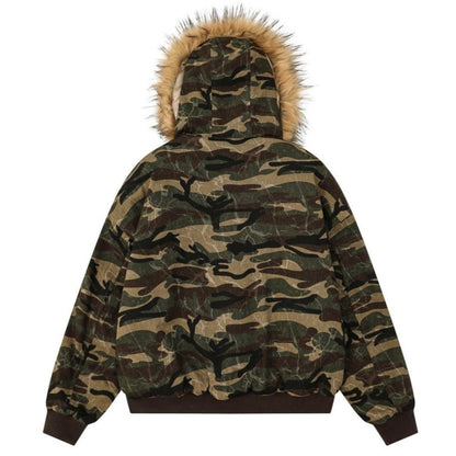Camouflage Fur - Hood Patchwork Padded Jacket - Thrashink