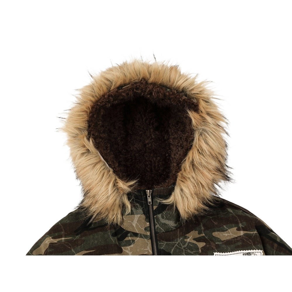 Camouflage Fur - Hood Patchwork Padded Jacket - Thrashink