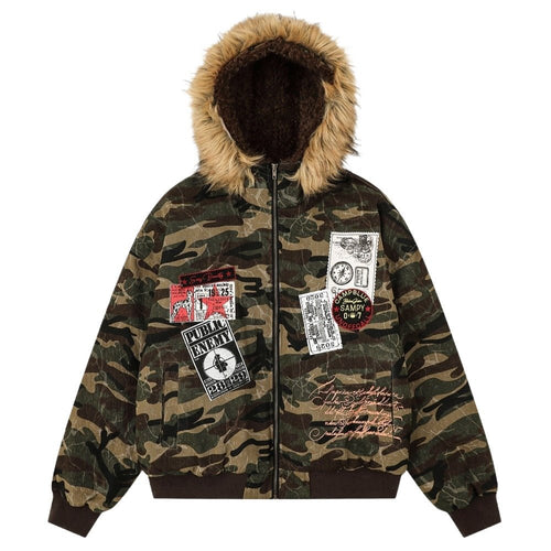 Camouflage Fur - Hood Patchwork Padded Jacket - Thrashink