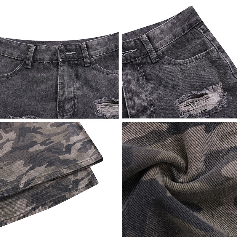 Camouflage Patchwork Black Distressed Jeans - Thrashink