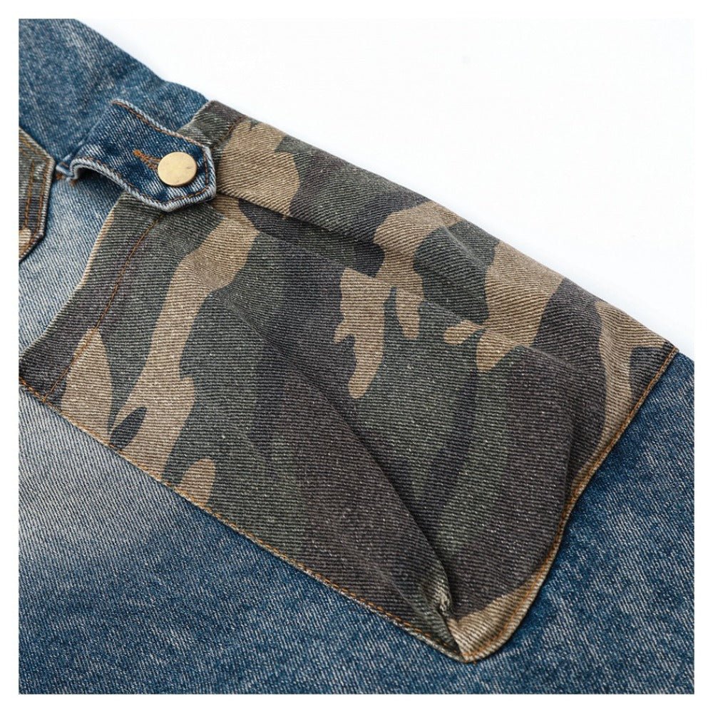 Camouflage Patchwork Denim Cargo Pants - Thrashink