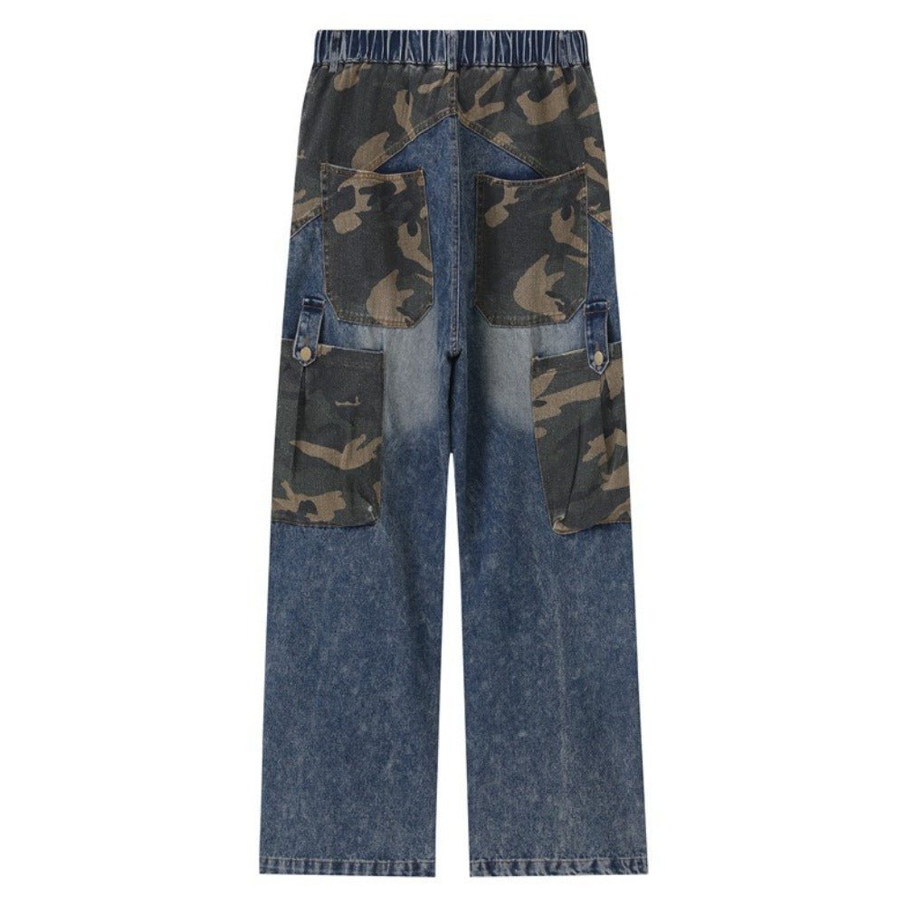 Camouflage Patchwork Denim Cargo Pants - Thrashink