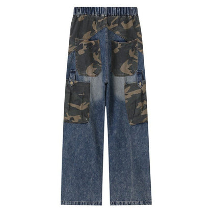 Camouflage Patchwork Denim Cargo Pants - Thrashink