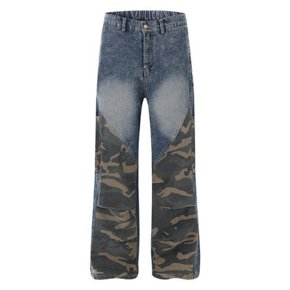Camouflage Patchwork Denim Cargo Pants - Thrashink