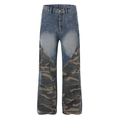Camouflage Patchwork Denim Cargo Pants - Thrashink