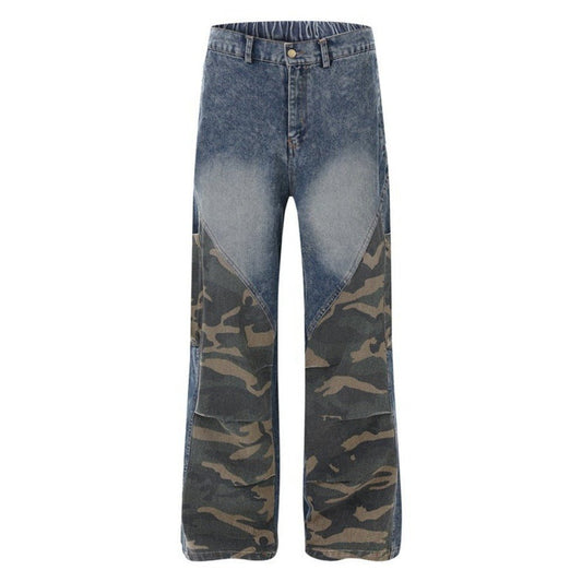 Camouflage Patchwork Denim Cargo Pants - Thrashink