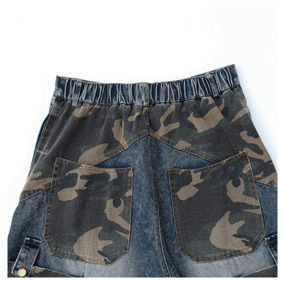 Camouflage Patchwork Denim Cargo Pants - Thrashink