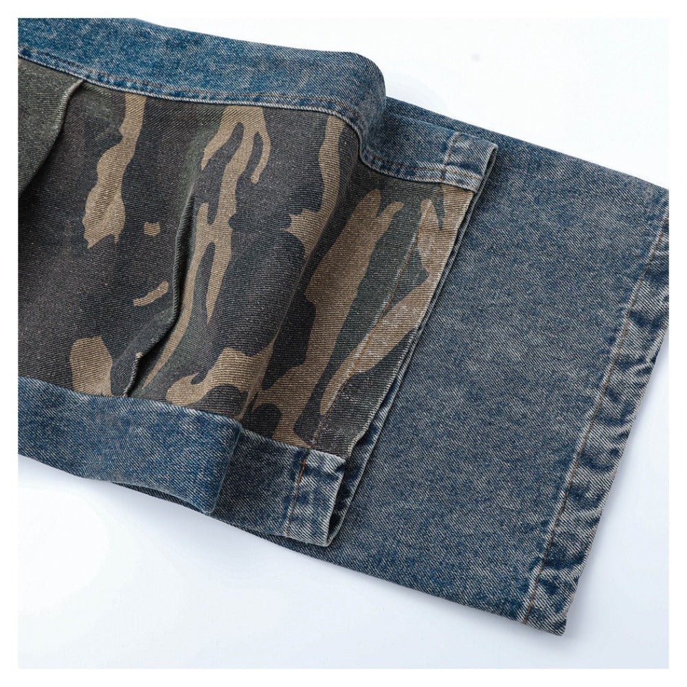 Camouflage Patchwork Denim Cargo Pants - Thrashink
