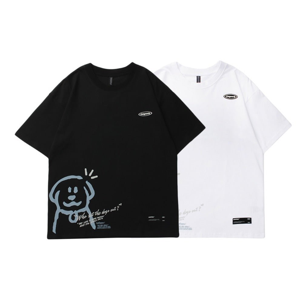 Cat Dog Cartoon Print Short Sleeve T-Shirt - Thrashink