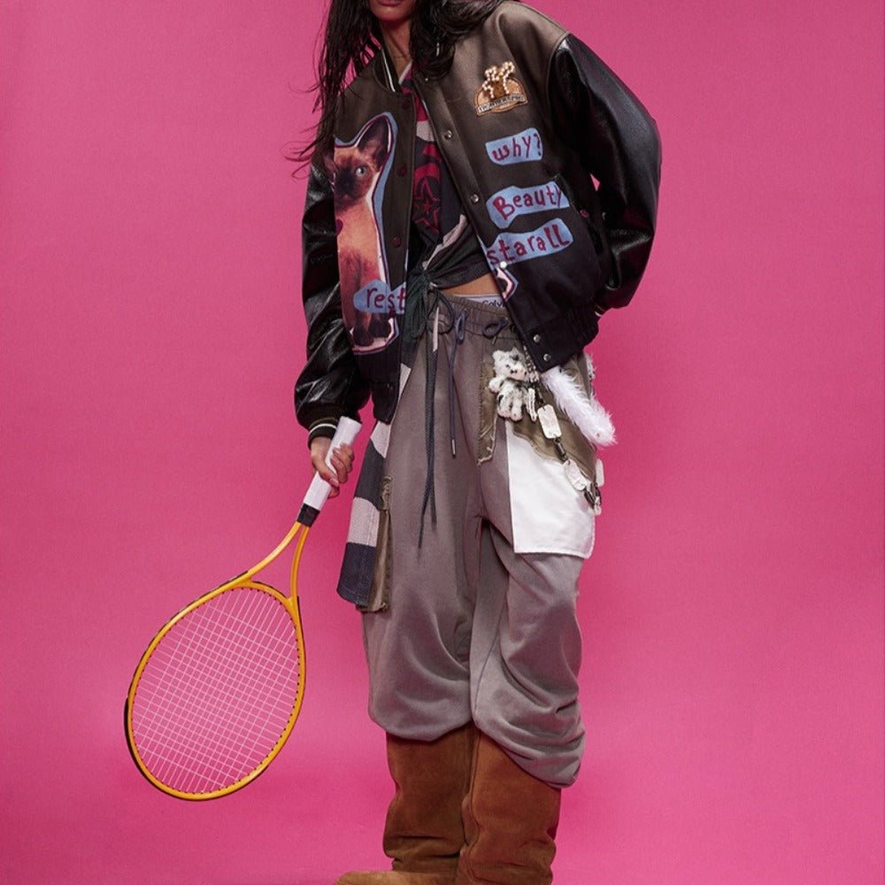 Cat Graphic Gradient Baseball Cotton Jacket - Thrashink