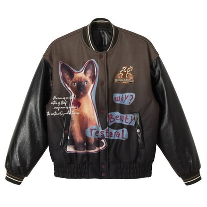 Cat Graphic Gradient Baseball Cotton Jacket - Thrashink