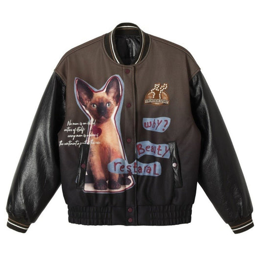 Cat Graphic Gradient Baseball Cotton Jacket - Thrashink