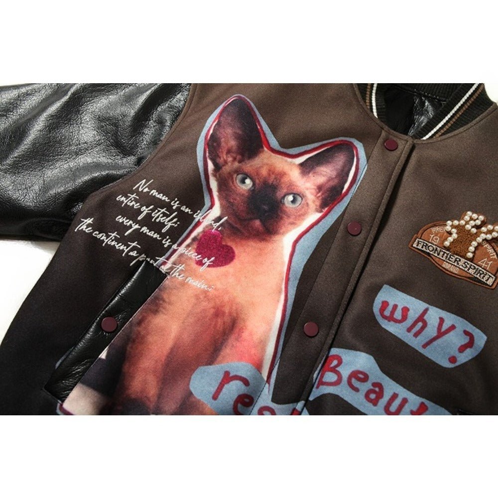 Cat Graphic Gradient Baseball Cotton Jacket - Thrashink