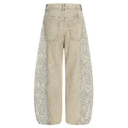 Washed Leopard Print Contrast Panel Jeans