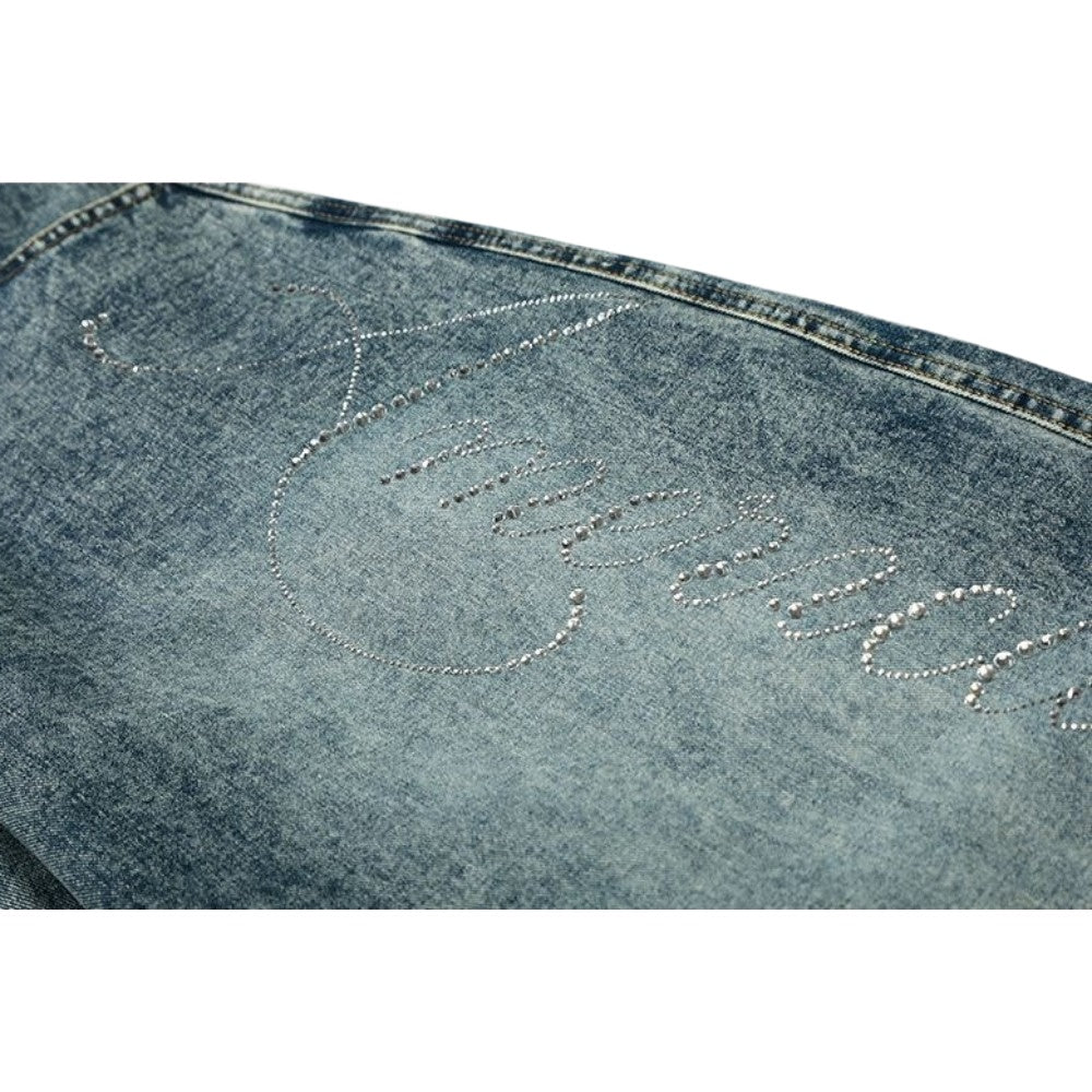 Rhinestone Script Baggy Jeans