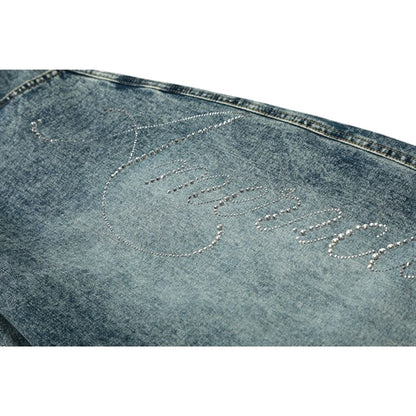 Rhinestone Script Baggy Jeans