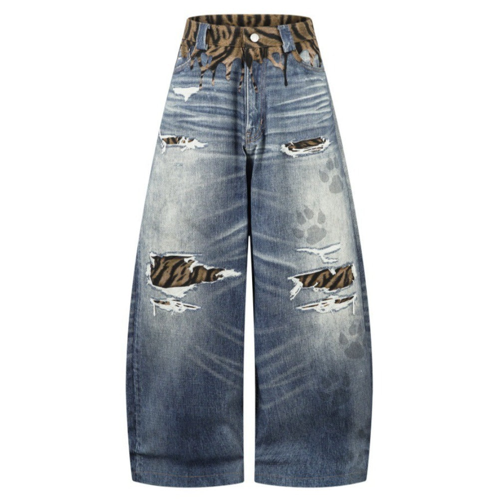 3D Digital Tiger Print Spliced Baggy Jeans