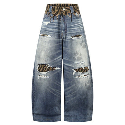 3D Digital Tiger Print Spliced Baggy Jeans