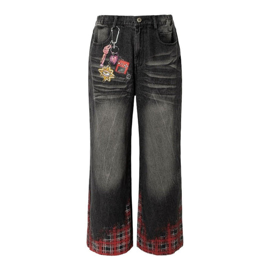 Check Print Washed Black Jeans - Thrashink
