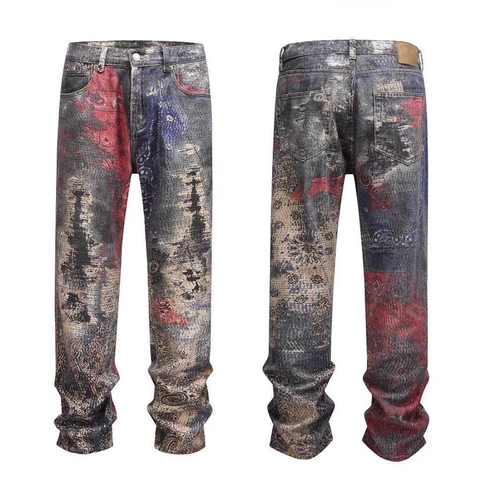 Color Destruction Print Distressed Jeans - Thrashink
