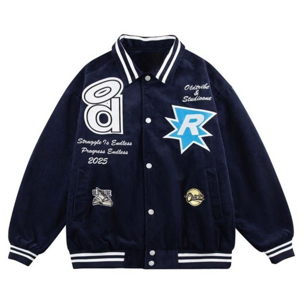 Corduroy Embroidered Varsity Jacket - Thrashink