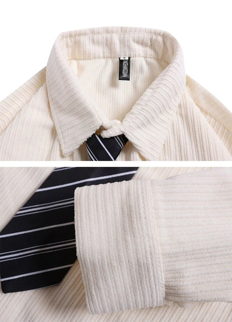 Corduroy Tie Long Sleeve Shirt - Thrashink