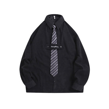 Corduroy Tie Long Sleeve Shirt - Thrashink