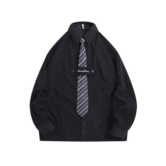 Corduroy Tie Long Sleeve Shirt - Thrashink
