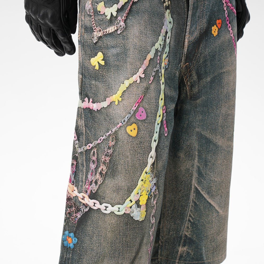 Critical 3D Pants Chain Print Denim Shorts - Thrashink
