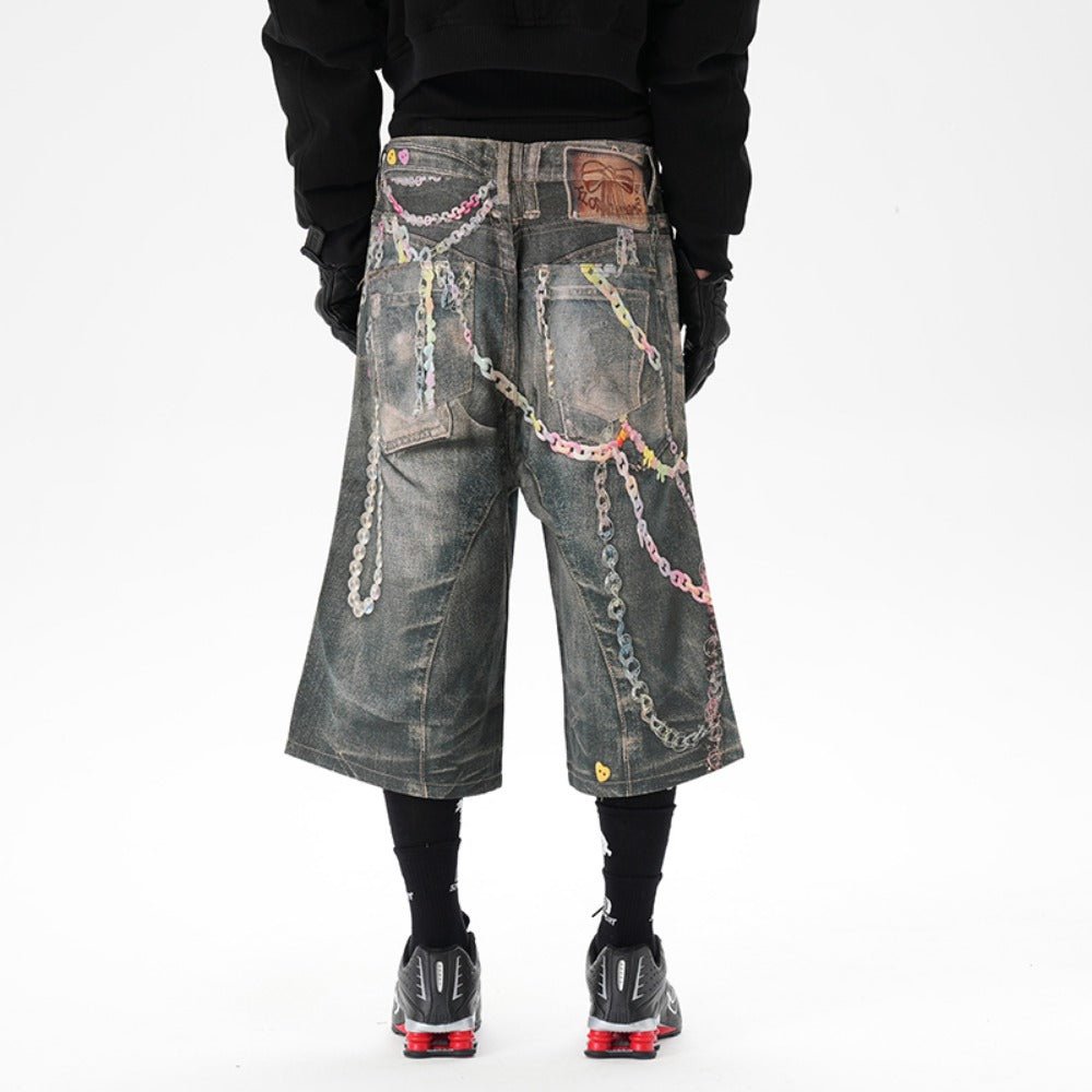 Critical 3D Pants Chain Print Denim Shorts - Thrashink