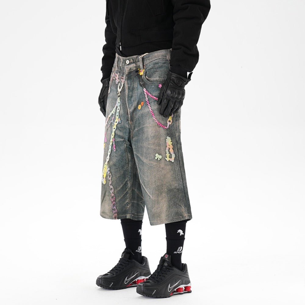 Critical 3D Pants Chain Print Denim Shorts - Thrashink