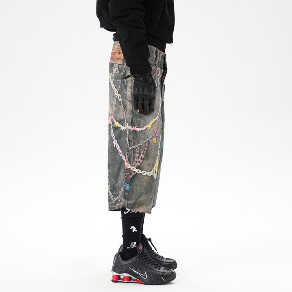 Critical 3D Pants Chain Print Denim Shorts - Thrashink
