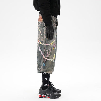 Critical 3D Pants Chain Print Denim Shorts - Thrashink