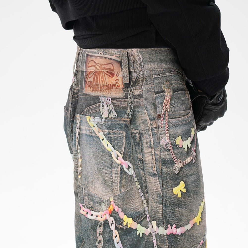 Critical 3D Pants Chain Print Denim Shorts - Thrashink