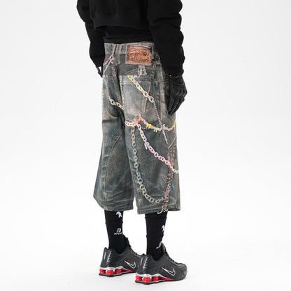 Critical 3D Pants Chain Print Denim Shorts - Thrashink