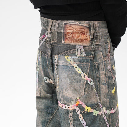 Critical 3D Pants Chain Print Denim Shorts - Thrashink