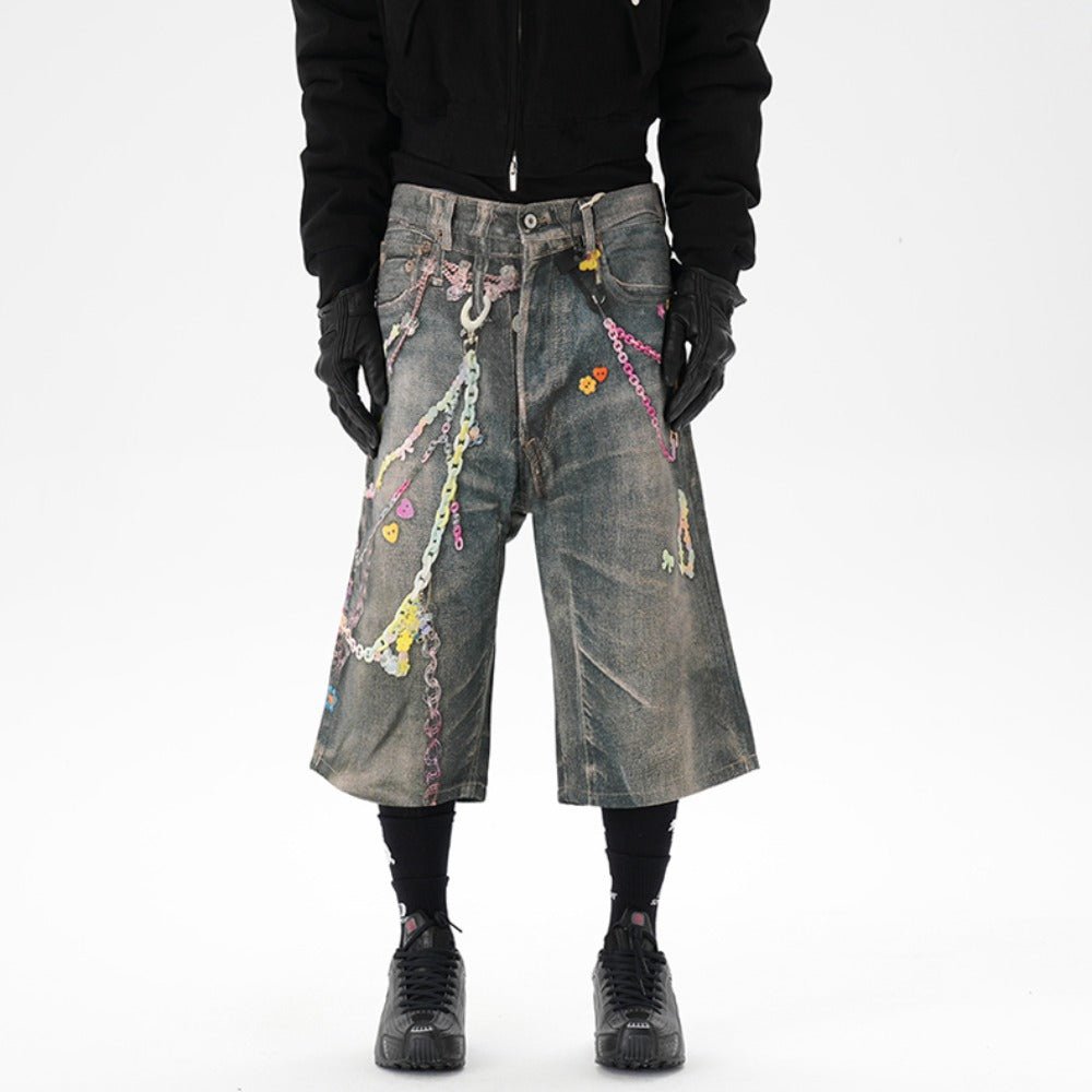 Critical 3D Pants Chain Print Denim Shorts - Thrashink