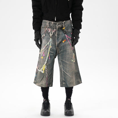 Critical 3D Pants Chain Print Denim Shorts - Thrashink