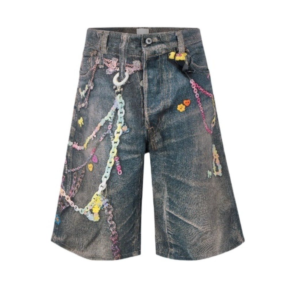 Critical 3D Pants Chain Print Denim Shorts - Thrashink