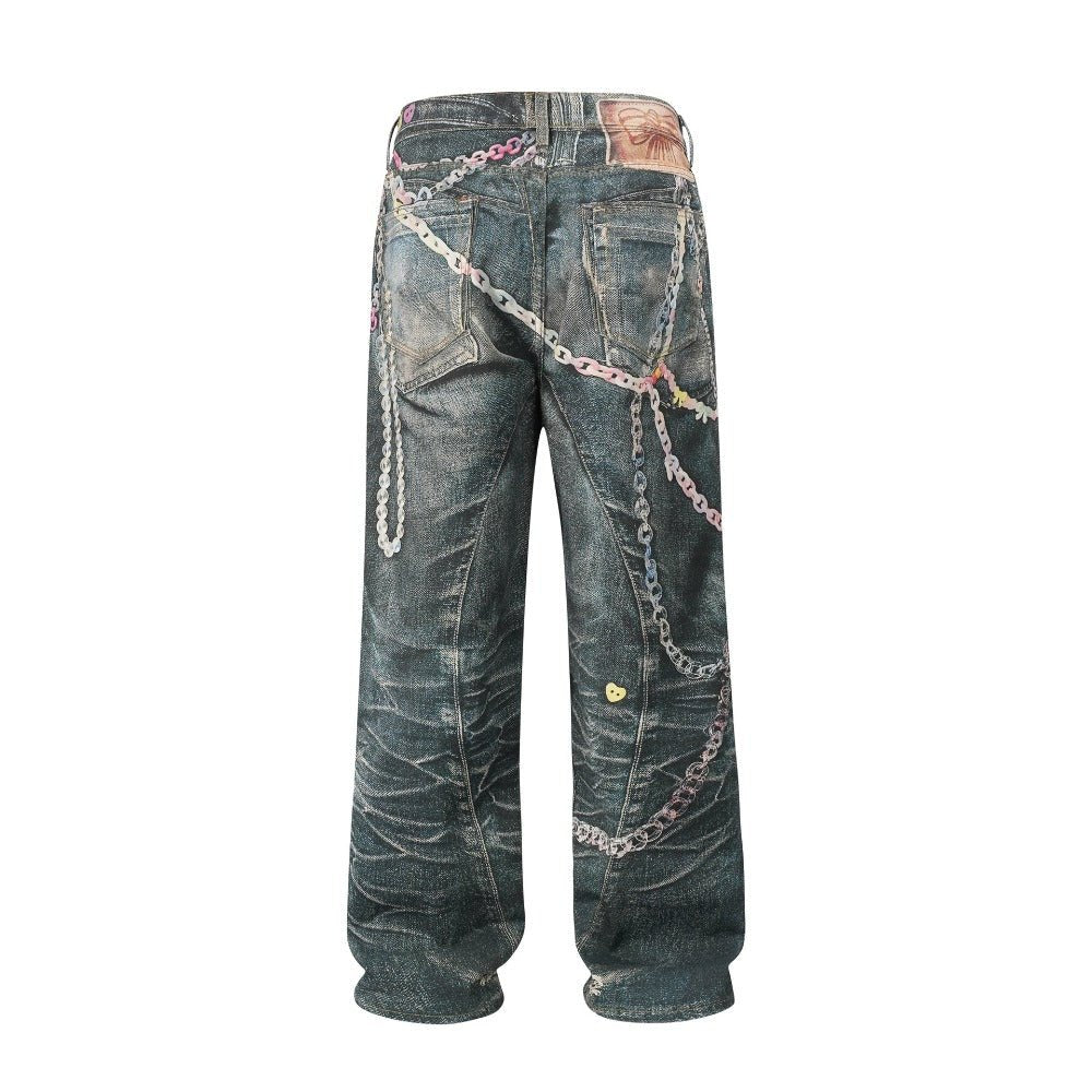 Critical 3D Pants Chain Print Distressed Jeans - Thrashink
