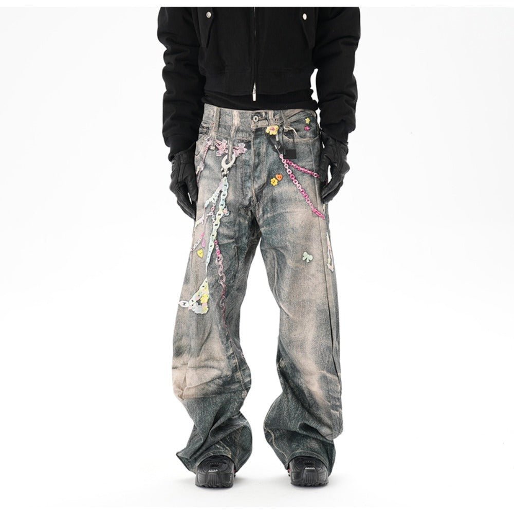Critical 3D Pants Chain Print Distressed Jeans - Thrashink