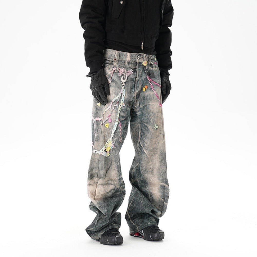 Critical 3D Pants Chain Print Distressed Jeans - Thrashink