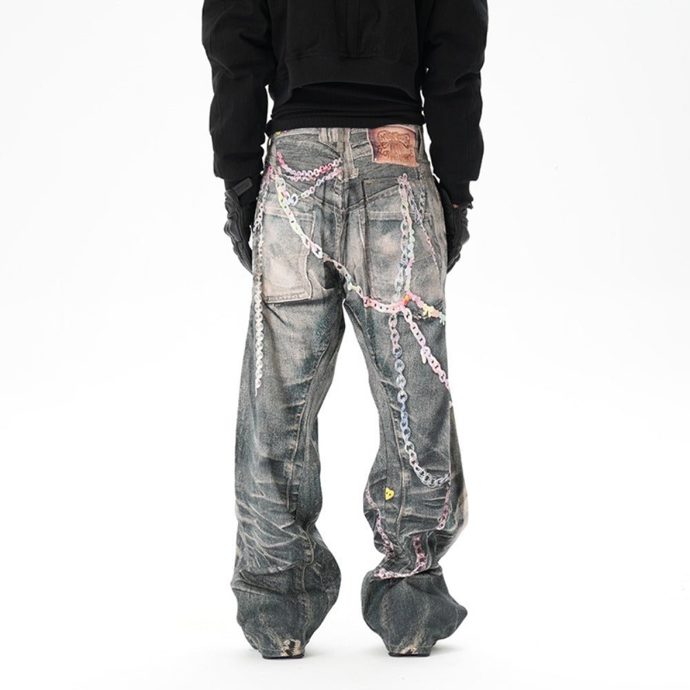 Critical 3D Pants Chain Print Distressed Jeans - Thrashink