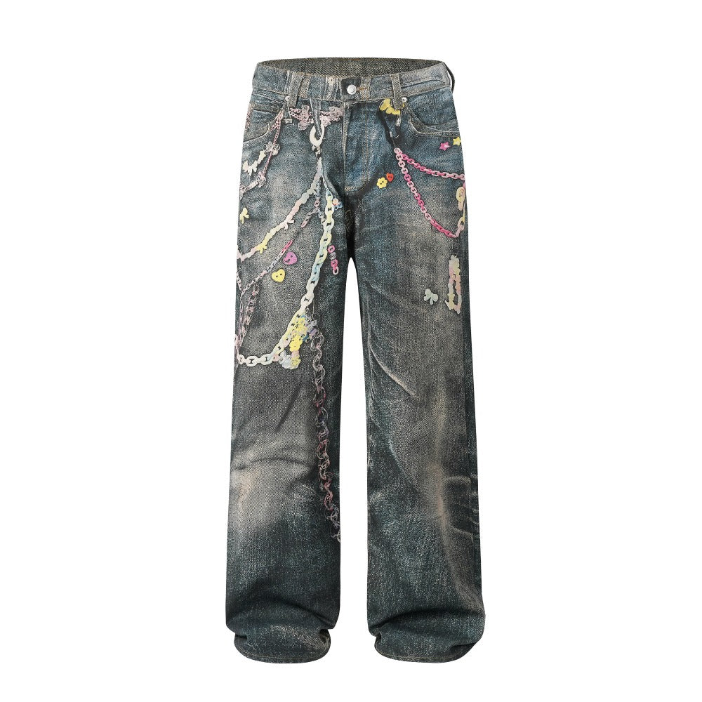 Critical 3D Pants Chain Print Distressed Jeans - Thrashink