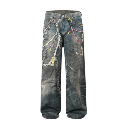 Critical 3D Pants Chain Print Distressed Jeans - Thrashink