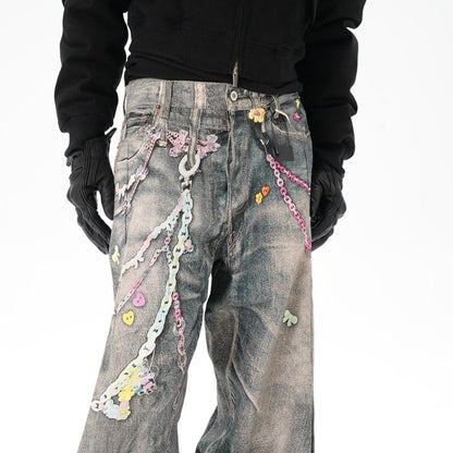 Critical 3D Pants Chain Print Distressed Jeans - Thrashink