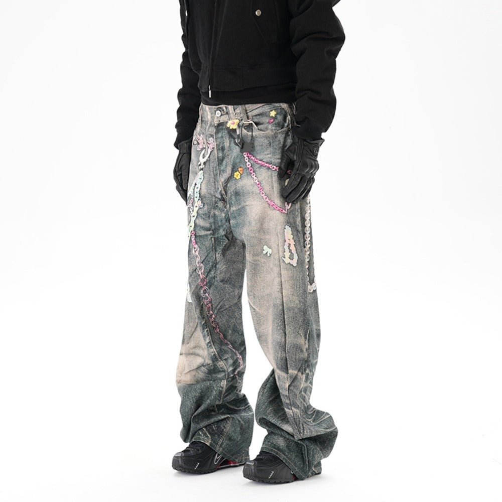 Critical 3D Pants Chain Print Distressed Jeans - Thrashink